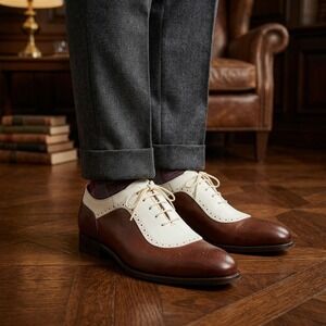 Eleganza Mens 13 Spectator Shoes Brown White Leather Two Tone Oxfords EZ1504
